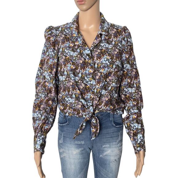 Frnch Sheila Print Floral Linen Blend Long Sleeve Tie Front Cropped Shirt (L) - Picture 2 of 15